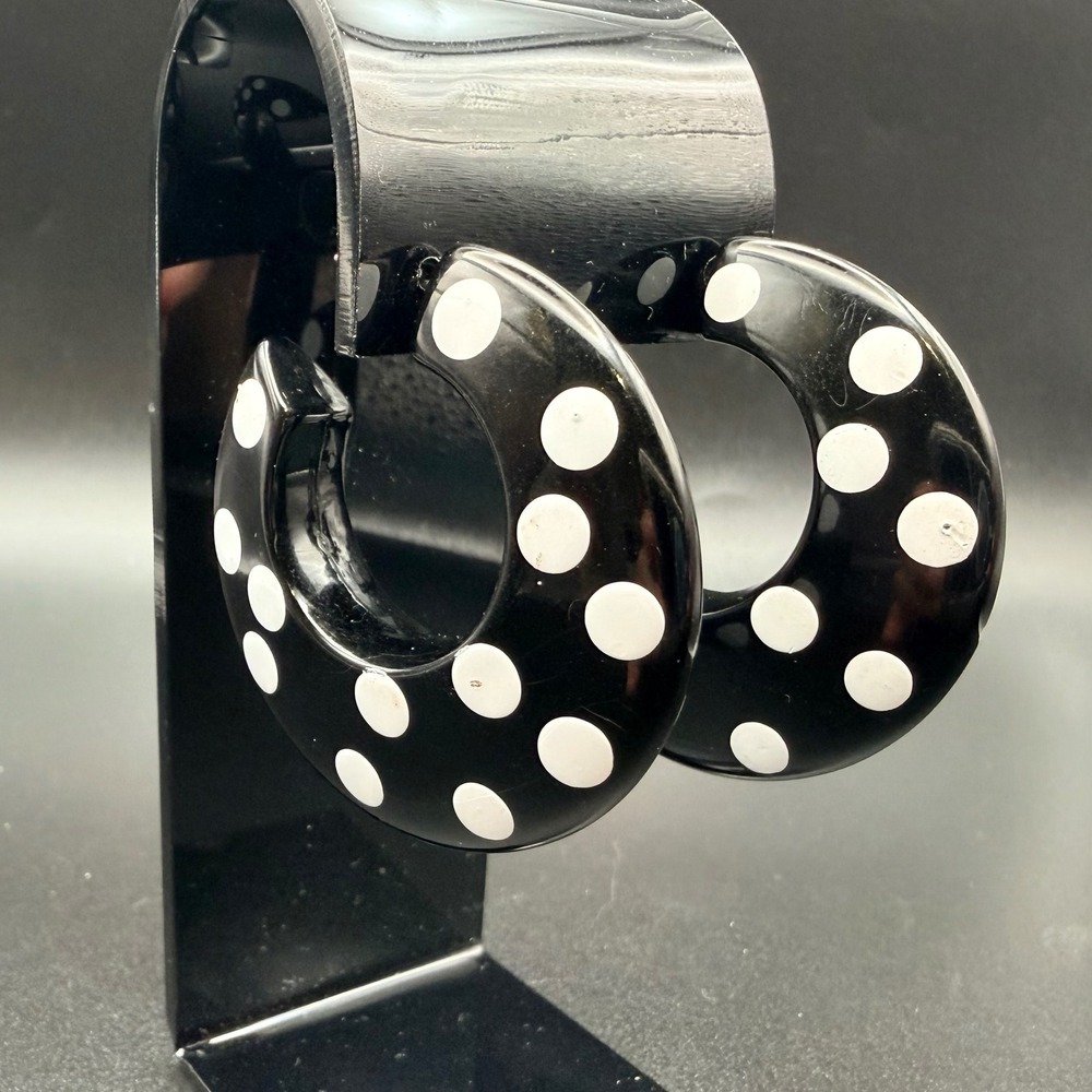 Vintage Large Hoop Earrings Black White Polka Dot Chunky Mod Pop Art Acrylic